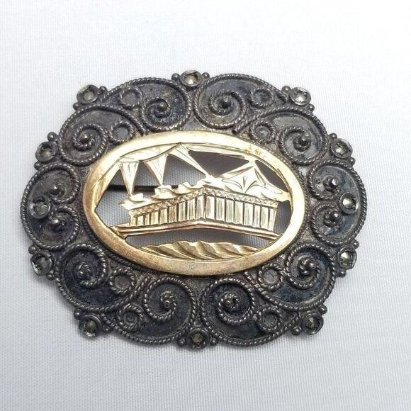 Antique Grand Tour Acropolis Parthenon Brooch 950 Silver Gilt Marcasite - Picture 2 of 7